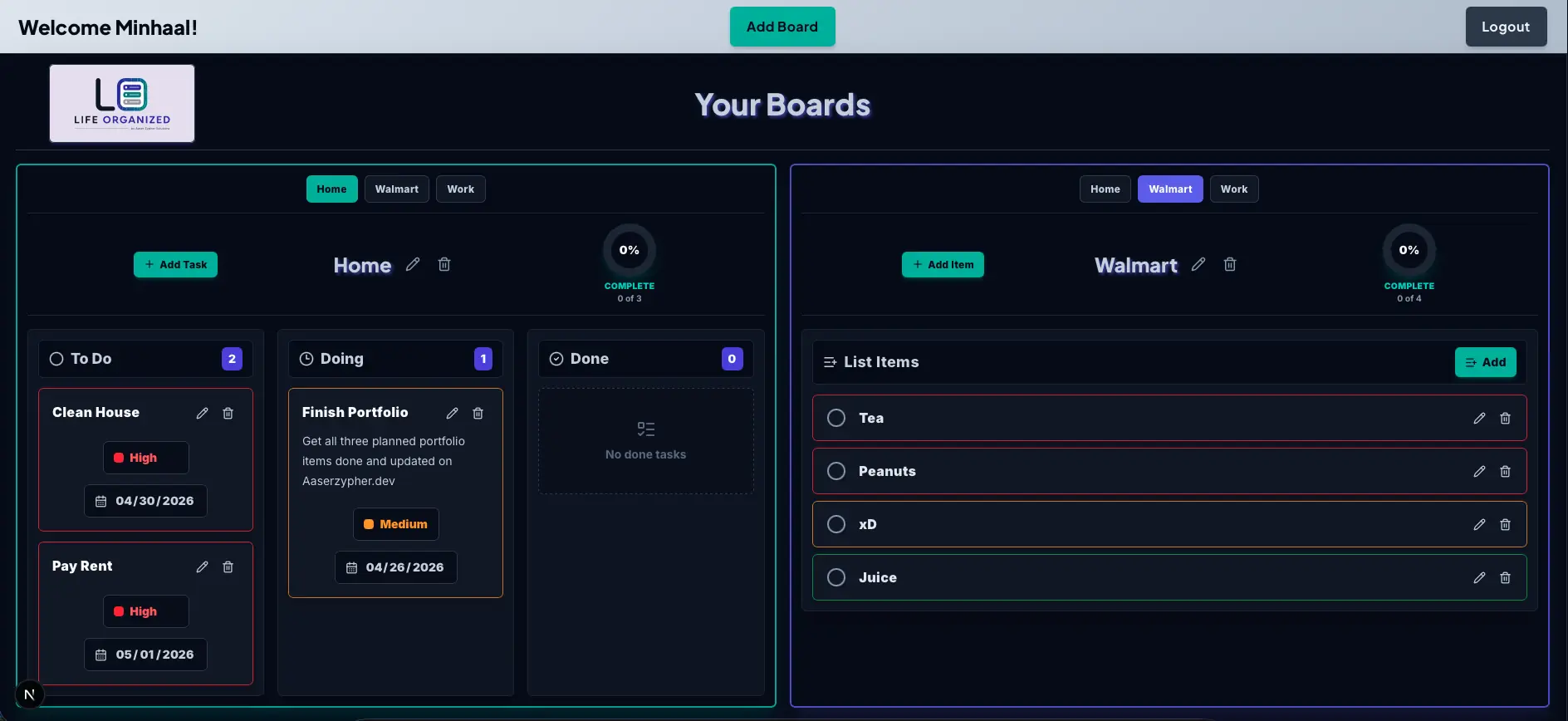 Life Organized boards view screenshot
